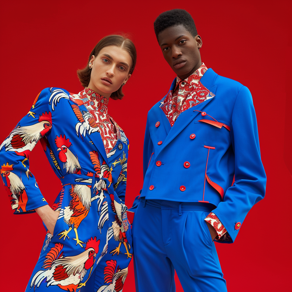 Two individuals pose against a red background, one wearing a bright, patterned suit with roosters and the other in a matching blue suit with a red patterned shirt