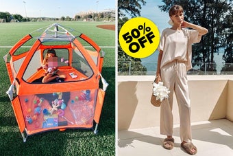 On the left, a child is playing inside an orange portable playpen on a soccer field. On the right, a model in a white satin pj set for 50% off