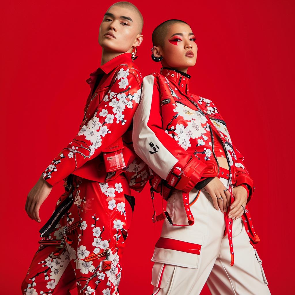 Models pose back-to-back wearing elaborate floral-patterned outfits on a red background