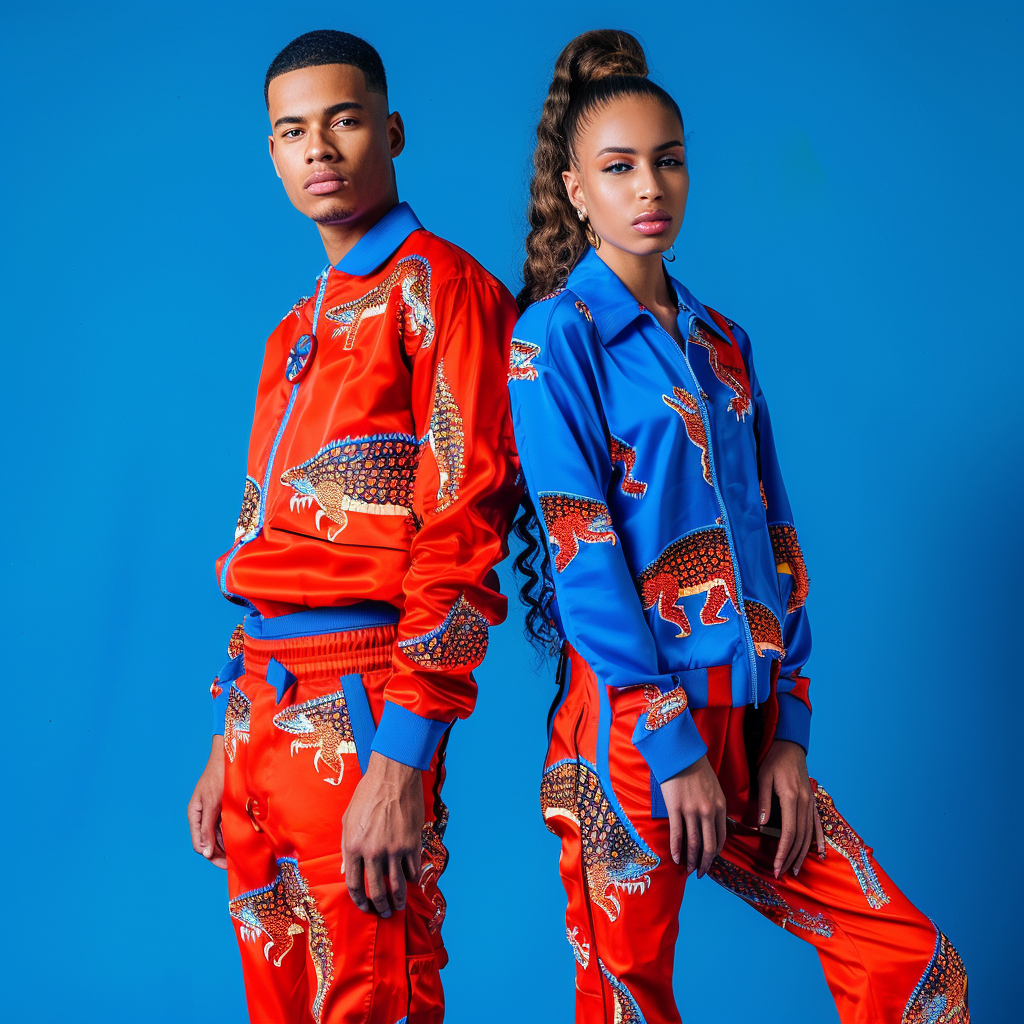 Two models standing against a blue backdrop, both dressed in matching vibrant printed tracksuits