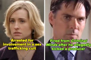 Left: Allison Mack looking serious. Text: "Arrested for involvement in a sex trafficking cult."
Right: Thomas Gibson looking concerned. Text: "Fired from Criminal Minds after he allegedly kicked a producer."
