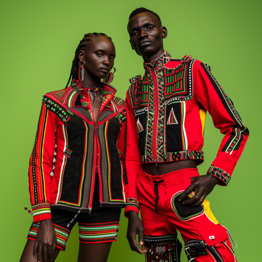 Two people in bold, geometric-patterned outfits standing against a green background. One person&#x27;s suit features vibrant, symmetrical designs, while the other&#x27;s ensemble emphasizes intricate patterns and textures