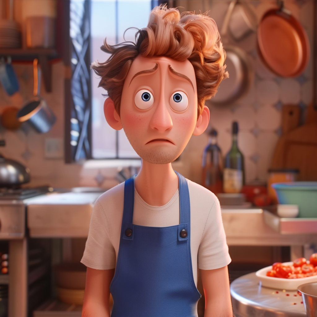 Animated character looks worried in a kitchen with pots, pans, and ingredients around