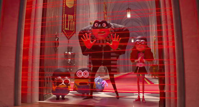 Two Minions, Gru, and Poppy doing a heist in &quot;Despicable Me 4&quot;