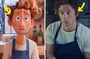 Alfredo Linguini, animated from "Ratatouille," on the left; Jeremy Allen White, wearing a white shirt and blue apron, on the right