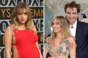 Suki Waterhouse in a red dress on the left; on the right, Suki Waterhouse and Robert Pattinson smiling, her dress has floral details, his suit is navy