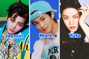 Jaemin, Mark y Yuta posando para una sesión de fotos, cada uno mostrando diferentes estilos de vestimenta moderna y casual. Sus nombres están escritos en la imagen