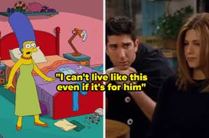 Left: Animated Marge Simpson stands by a tidy child's bed. Right: TV characters Ross and Rachel sit, Ross looks concerned, Rachel eyes closed with a slight smile