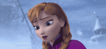 Anna from &quot;Frozen&quot; looking down in a snow-covered environment, appearing concerned or upset.