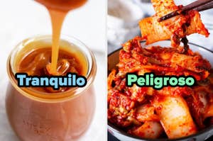 A la izquierda, un tarro de caramelo con la palabra "Tranquilo". A la derecha, un plato de kimchi con la palabra "Peligroso"