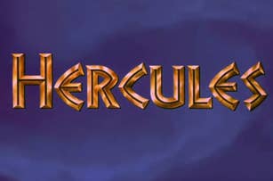 The image shows the title screen of the 1997 animated movie "Hercules" with stylized text reading "Hercules" against a dark background