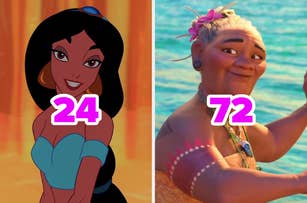 Jasmine from Aladdin smiles with a number 24 overlay. Maui from Moana dances with a number 72 overlay