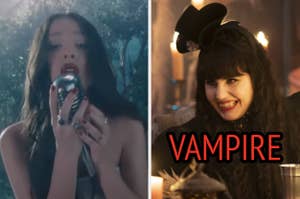 On the left, Olivia Rodrigo sings into a microphone in a forest in the Vampire music video, and on the right, Nadja from What We Do in the Shadows smiles mischievously, wearing gothic attire and a small top hat labeled vampire