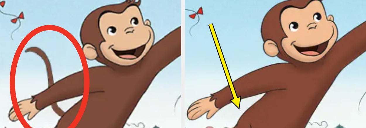 Side-by-side images of Curious George. The left image highlights his tail, while the right shows the tail removed. The background includes trees and kites