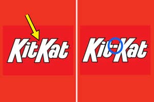 Two KitKat logos side by side, left with an arrow pointing to a hyphen between "Kit" and "Kat," right with a circle over the missing hyphen