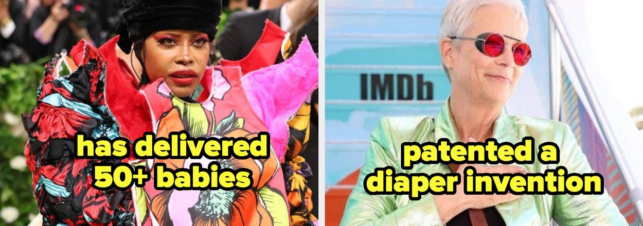 Erykah Badu wearing a vibrant floral dress at an event, and Jamie Lee Curtis in a shiny jacket with sunglasses. Text on Badu: "has delivered 50+ babies"; on Curtis: "patented a diaper invention."