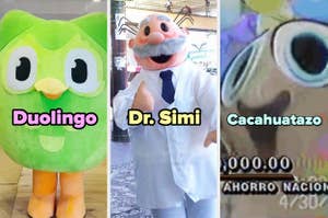 Duolingo, Dr. Simi y Cacahuatazo, personajes disfrazados posando en fila