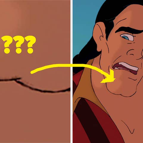 Left side shows part of animated character's mouth that transitions with an arrow to the right side, revealing Gaston from Beauty and the Beast