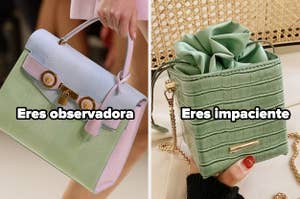 Dos bolsos con texto superpuesto: A la izquierda, "Eres observadora". A la derecha, "Eres impaciente"