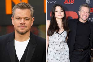 Matt Damon in a black suit at an event. In another photo, Matt Damon in a black outfit with his daughter Alexia Barroso in a white dress