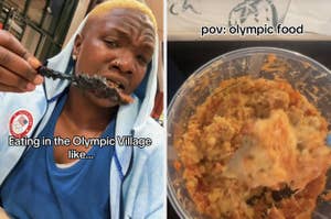 Weightlifter Cyrille Tchatchet II eating food in the Olympic Village, showing their expression and the meal. Text: "Eating in the Olympic Village like..." and "pov: olympic food"