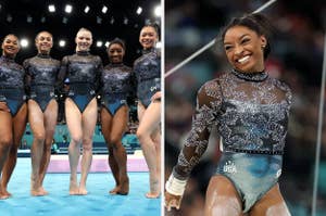 From left to right, gymnasts Shilese Jones, Jordan Chiles, Joscelyn Roberson, Leanne Wong, and Simone Biles on the mat; Simone Biles alone on the right, smiling