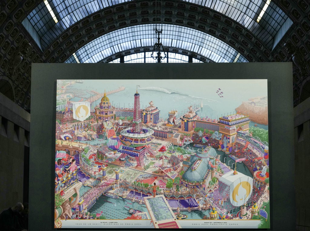 The official Paris 2024 Olympics poster. It is a painting of a colorful, bustling city with various buildings and attractions displayed in a large, indoor, domed gallery