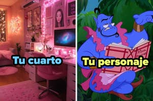 Imagen dividida: a la izquierda, un cuarto decorado con luces y pósteres; a la derecha, el Genio de Aladdín leyendo un libro y vestido de forma cómica. Texto: "Tu cuarto" y "Tu personaje"