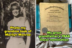 Left: A photo of Marilyn Monroe taken by the user's grandmother. Right: Certificate of a 1944 Oscar nomination for John Cruse