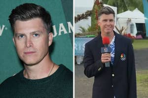 Colin Jost in two images: on the left at a formal event and on the right reporting for the Olympics, wearing a suit jacket with an Olympic patch