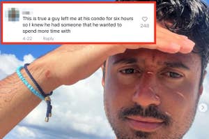 A man shields his eyes from the sun, with a comment above stating, "This is true a guy left me at his condo for six hours so I knew he had someone he wanted to spend more time with."
