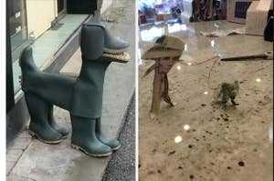 Sculpture of a dog made from green rubber boots, located on a sidewalk next to a building