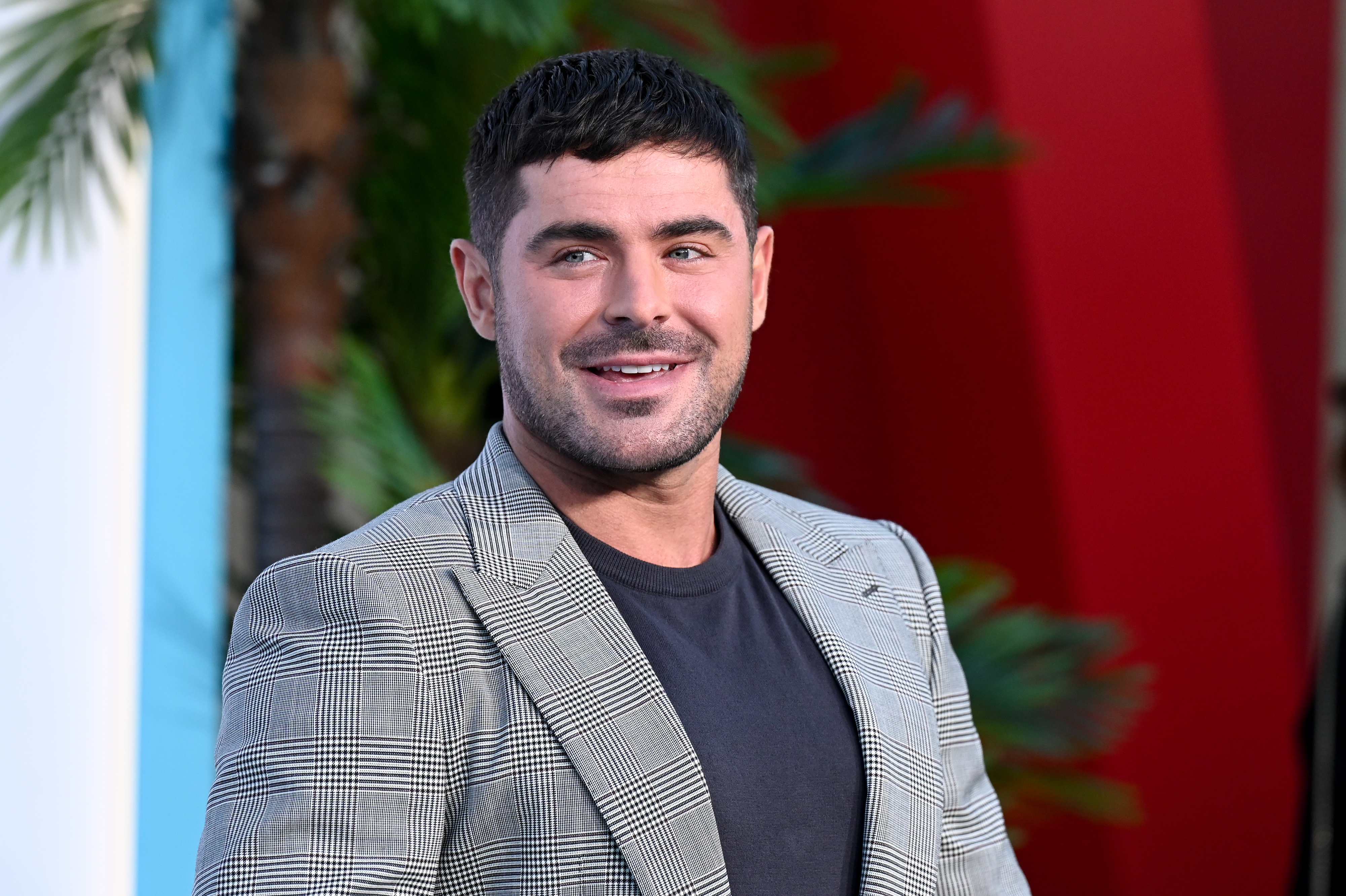 Zac Efron is smiling at an event, wearing a stylish plaid blazer over a black shirt, with palm leaves and a red backdrop behind him