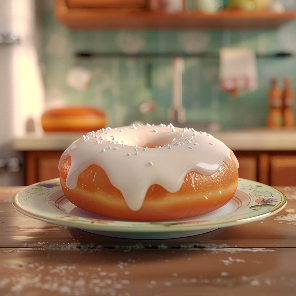 A single glazed donut with white icing and sprinkles on a decorative plate in a cozy kitchen setting
