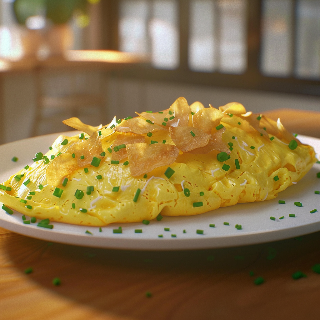 Close-up of a plated omelet garnished with chopped chives and thin potato chips. The background shows a bright, sunlit kitchen