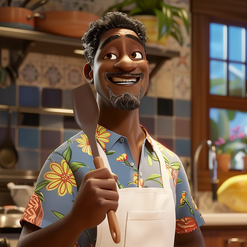 Animated character holding a spatula in a kitchen, wearing a floral shirt and apron, smiling cheerfully. The scene appears bright and welcoming