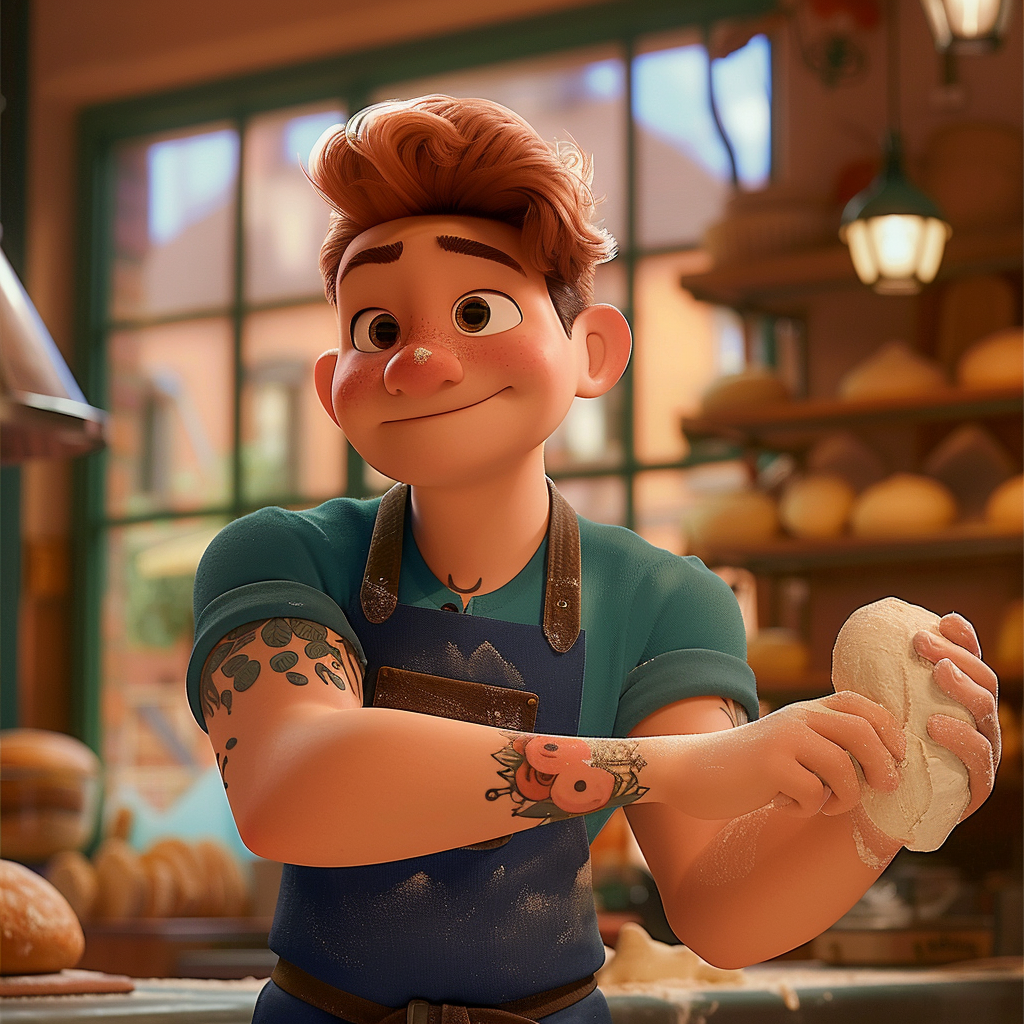 Animated character Luca from &quot;Luca&quot; stands in a bakery, smiling and kneading dough, showcasing his forearm tattoos