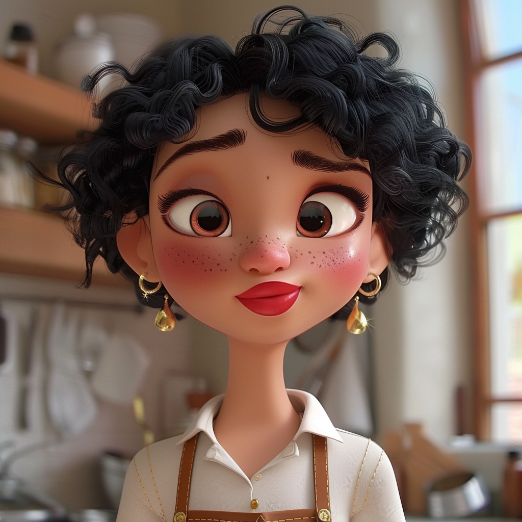 character stands in a cozy kitchen, wearing a white blouse and brown apron, with short curly hair and a warm smile