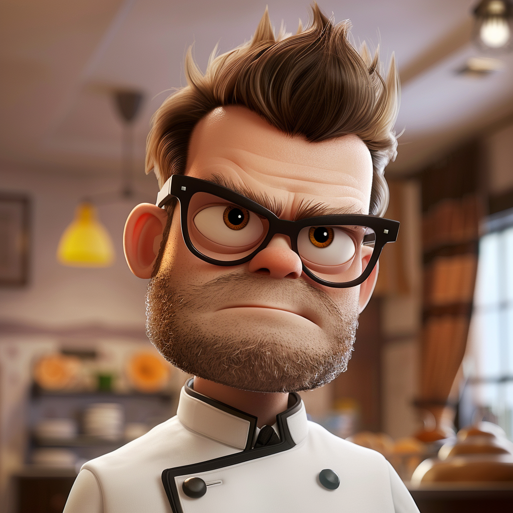 Animated character with spiky brown hair, glasses, and a serious expression wears a chef&#x27;s coat in a kitchen setting
