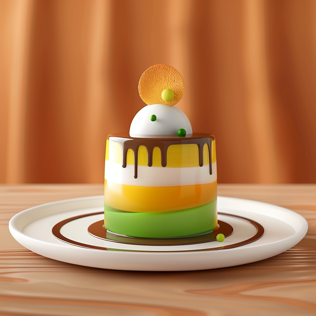 A meticulously plated multi-layered dessert features colorful tiers, garnished with a spherical topping and decorative elements, presented on a white plate