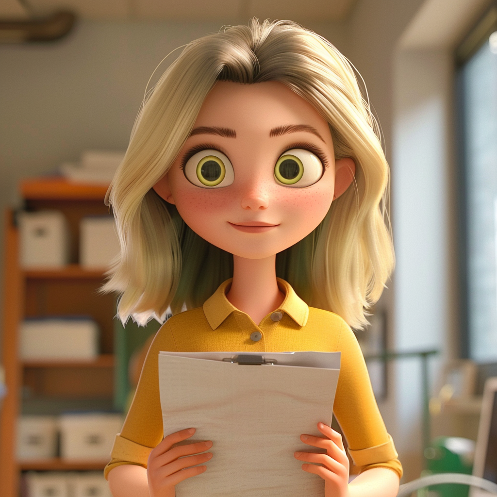 Animated character Elsa from Frozen holding a clipboard and smiling inside an office setting