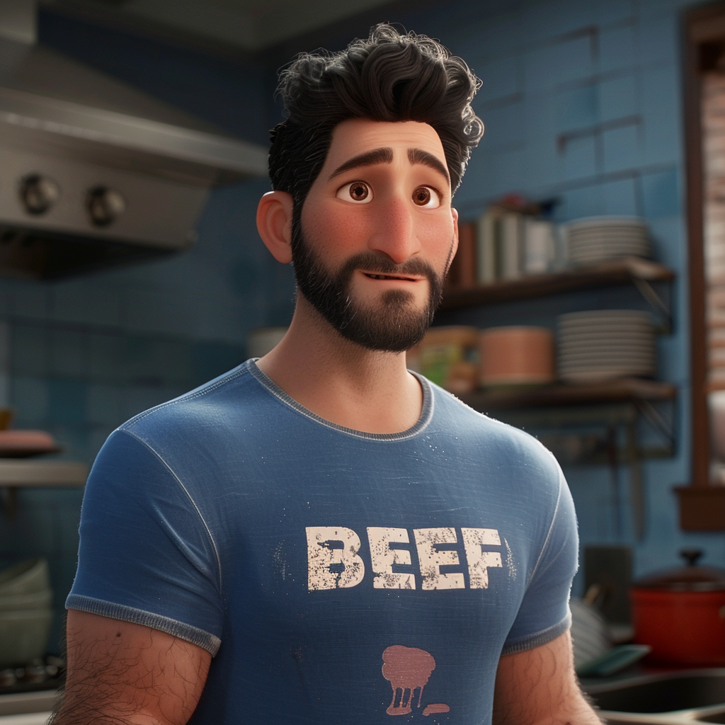 Animated character in a kitchen wearing a t-shirt with the word &quot;BEEF.&quot; The character has a beard and looks pleasantly surprised