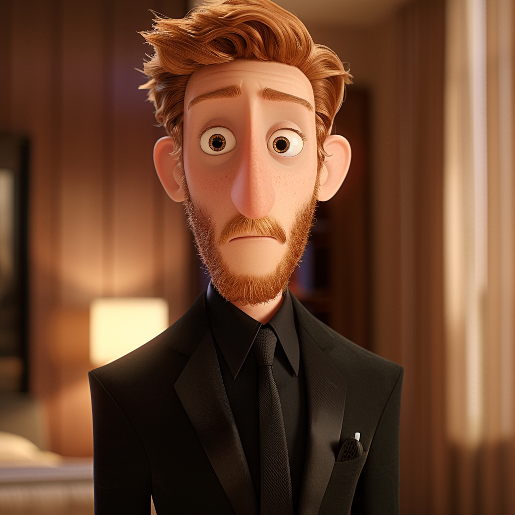 Animated character from a movie, wearing a black suit with a black shirt and tie, looks pensive while standing indoors