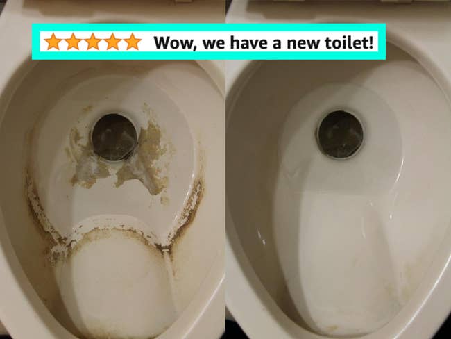 reviewer's toilet before and after using pumice stone to remove stains