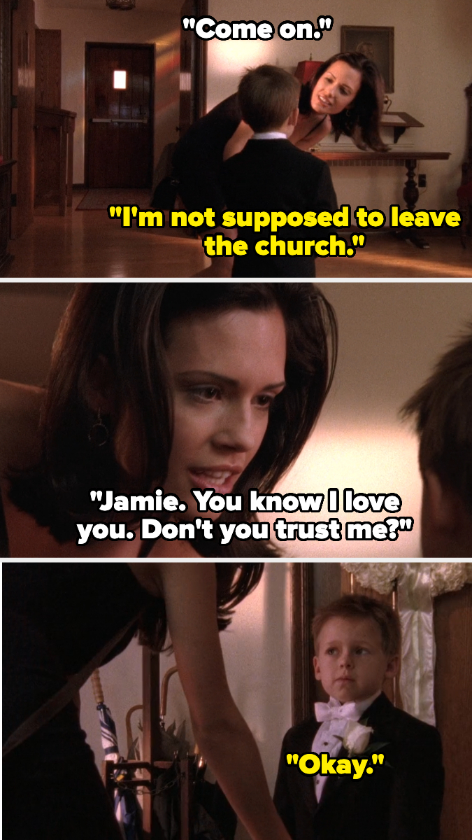 A woman kneels to speak with a young boy in a suit. Text: &quot;Come on.&quot; &quot;I&#x27;m not supposed to leave the church.&quot; &quot;Jamie. You know I love you. Don&#x27;t you trust me?&quot; &quot;Okay.&quot;