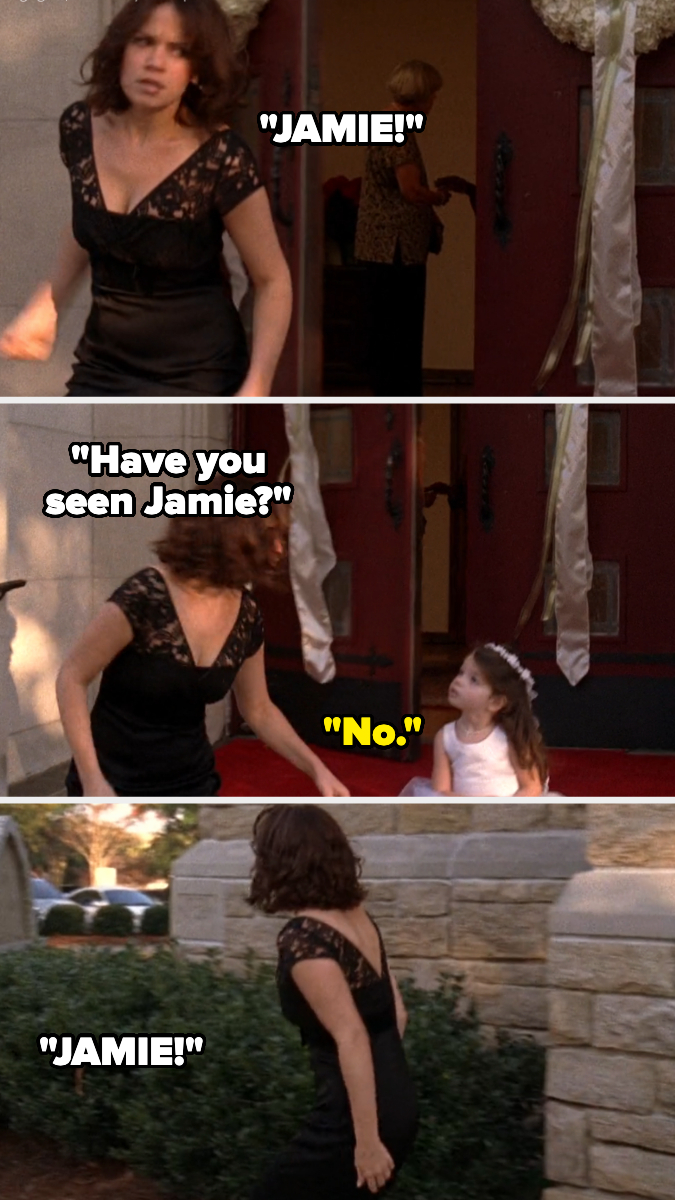 A woman in a black dress, first looking worried and calling &quot;Jamie.&quot; She then asks a girl in a white dress, &quot;Have you seen Jamie?&quot; The girl responds, &quot;No.&quot;
