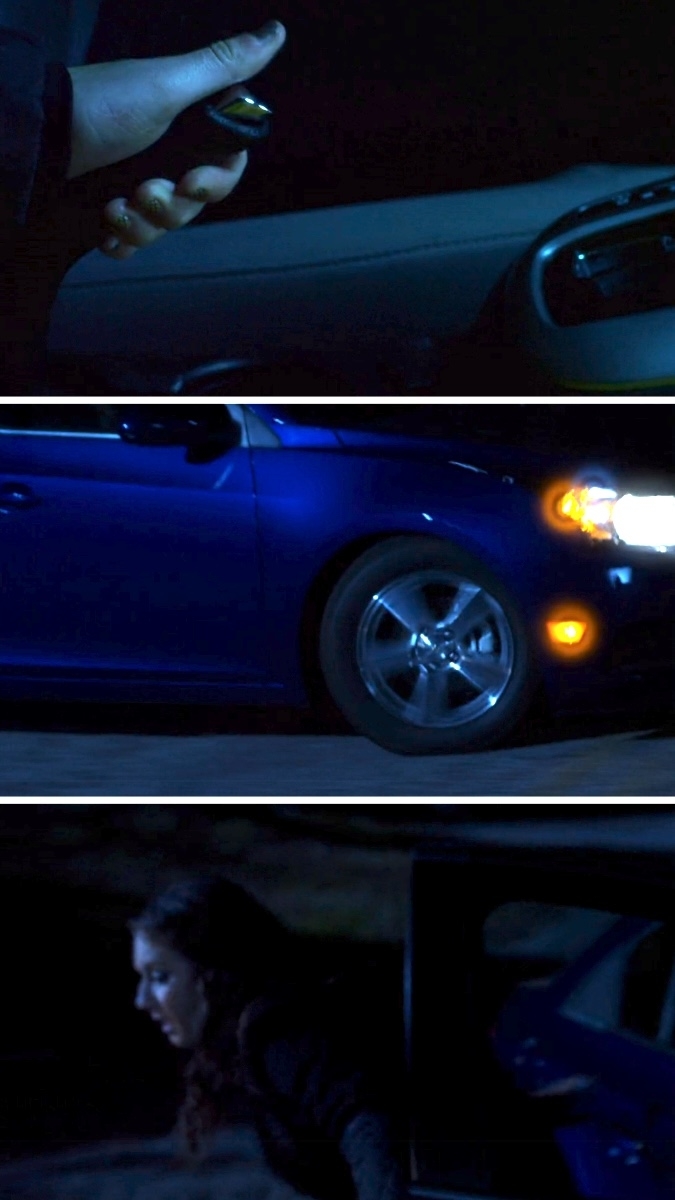 A sequence of images showing a person&#x27;s hand with a car key fob, a blue car with headlights on, and someone getting out of a car at night