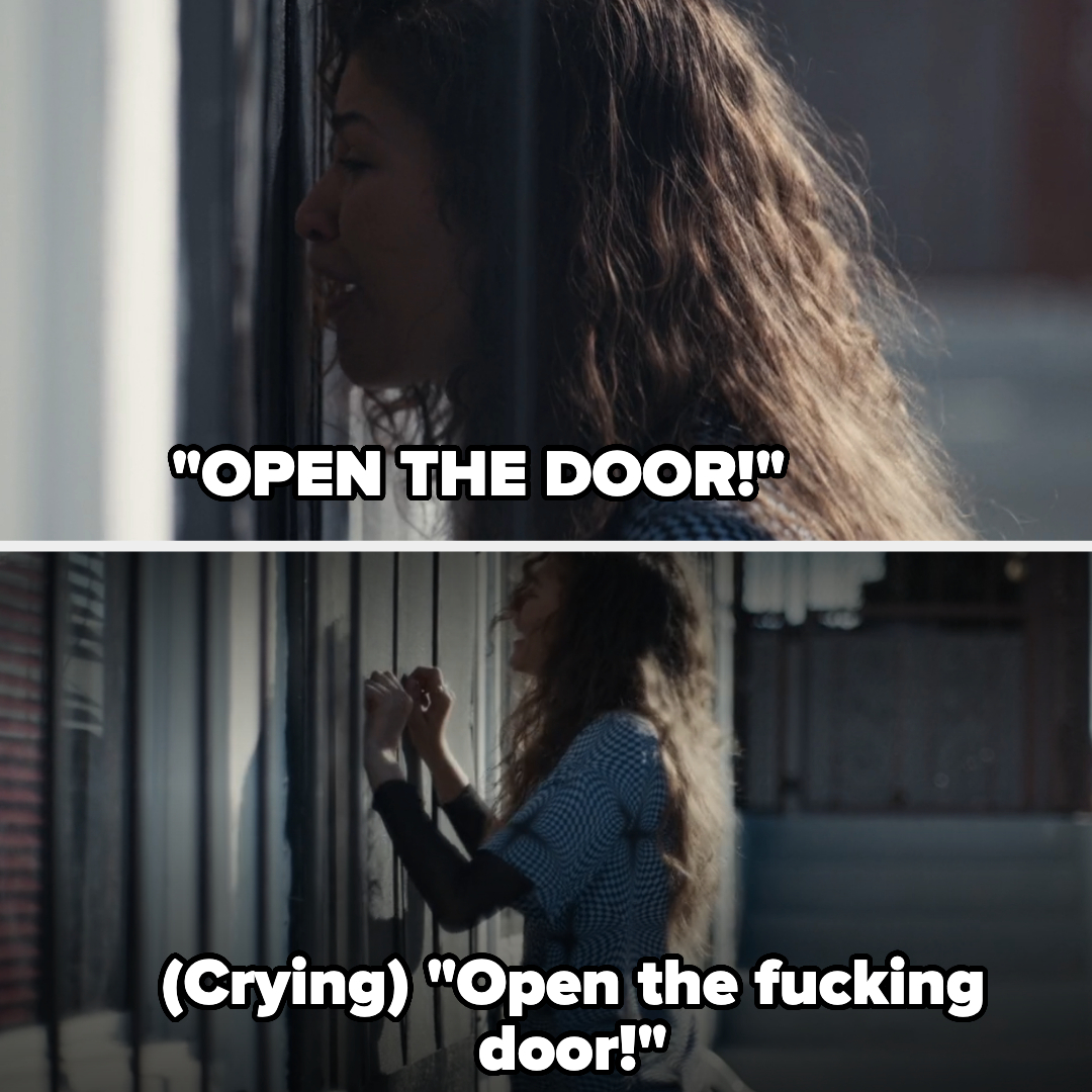 Two images show a distressed woman yelling and crying while knocking on a door. Text: &quot;OPEN THE DOOR!&quot; and &quot;(Crying) &#x27;Open the fucking door!&#x27;&quot;