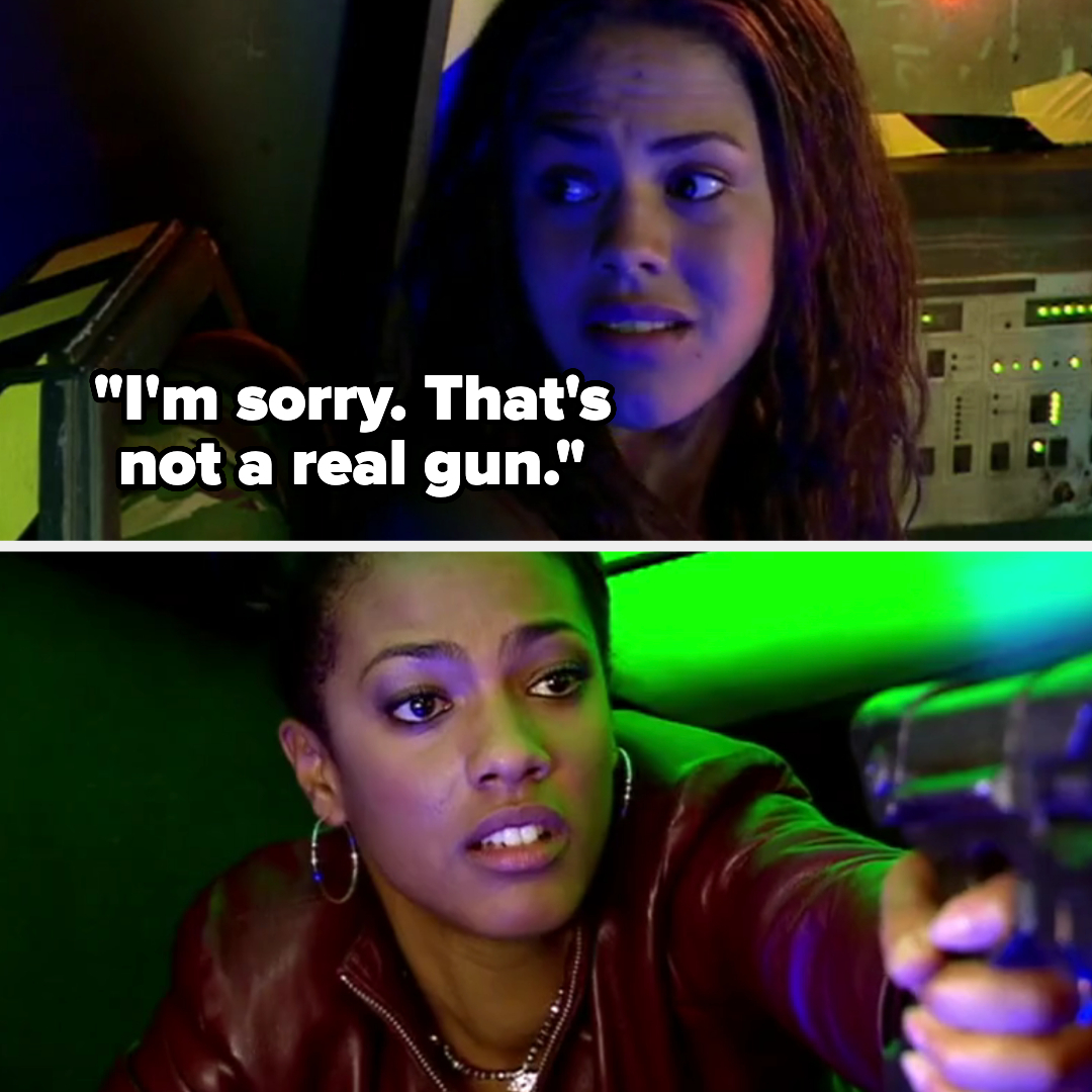 Two images show characters from Doctor Who, top: Rose Tyler saying &quot;I&#x27;m sorry. That&#x27;s not a real gun,&quot; bottom: Martha Jones holding a futuristic gun