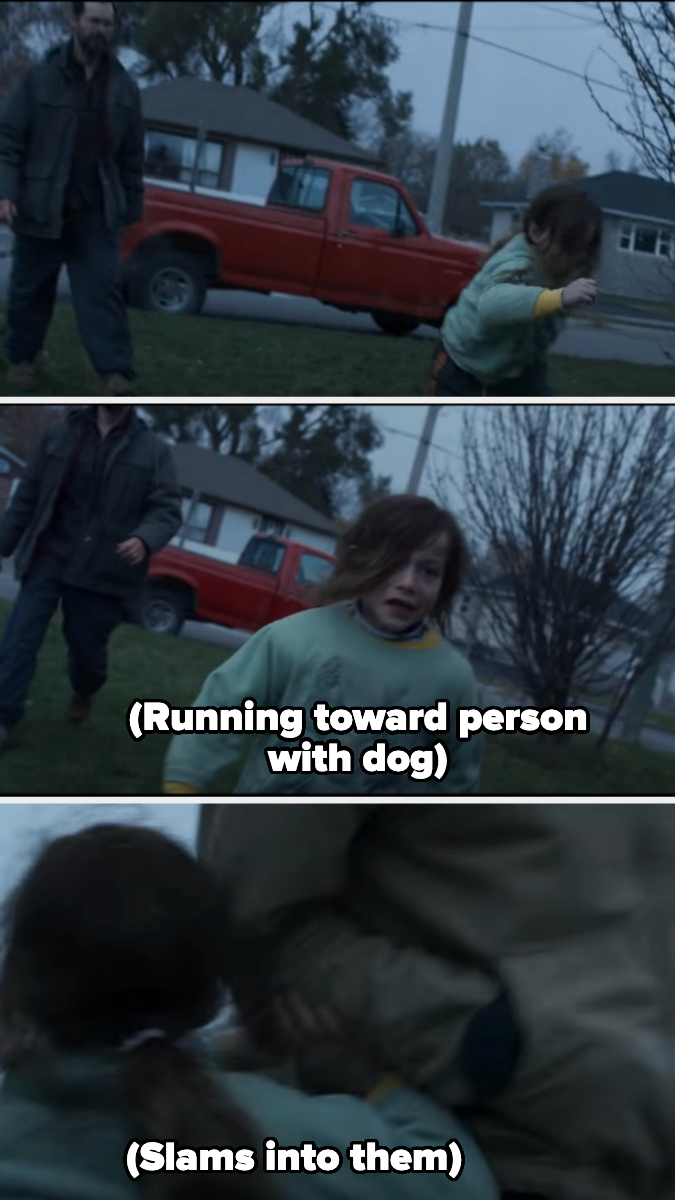 Three-panel sequence from a TV show or movie where a child runs toward someone with a dog, then slams into them. No celebrities identified